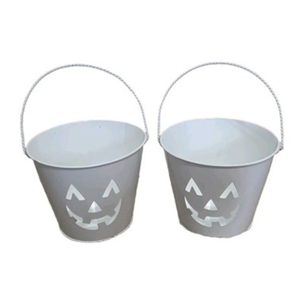 White Metal Hallowen Bucket Pail Set Of 2 Pumpkin Candy Decor